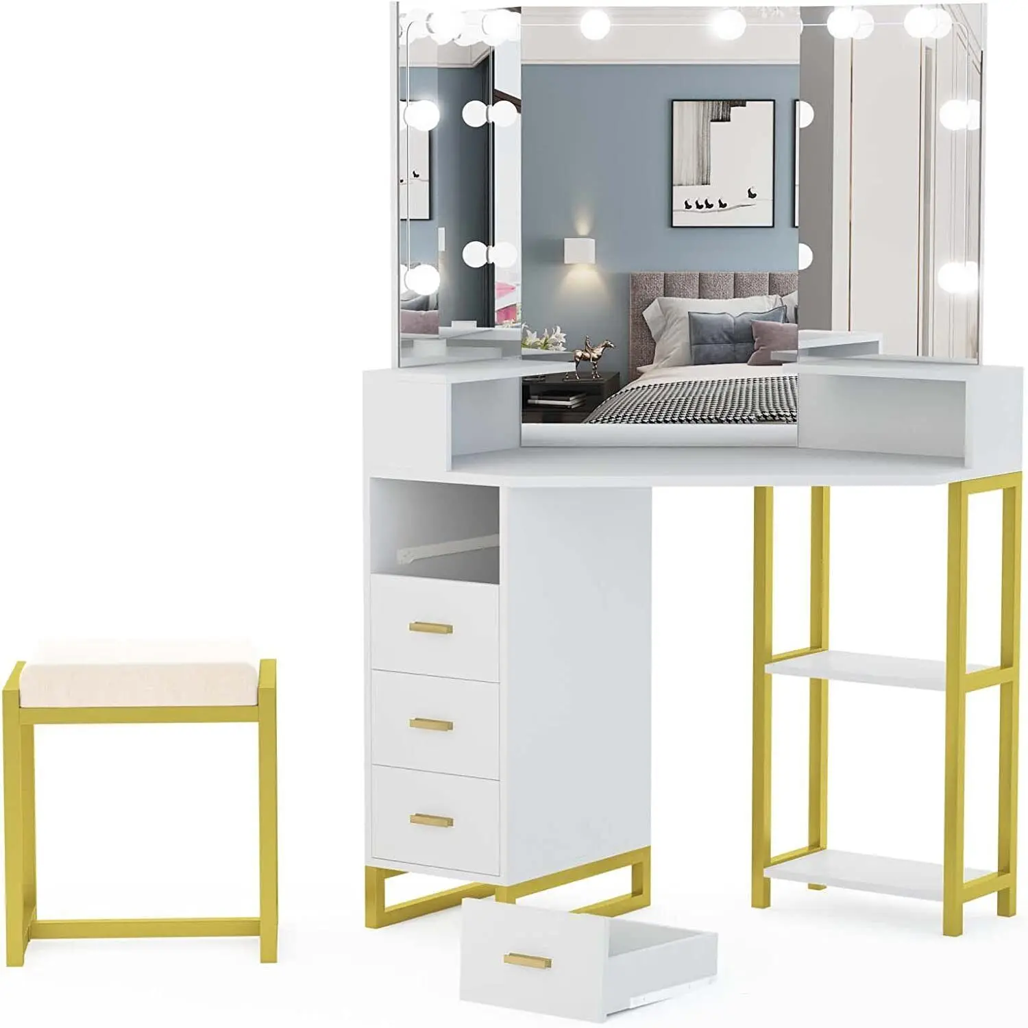 Beauty Makeup Vanity Set - Toaletka z lustrem LED, biurko do