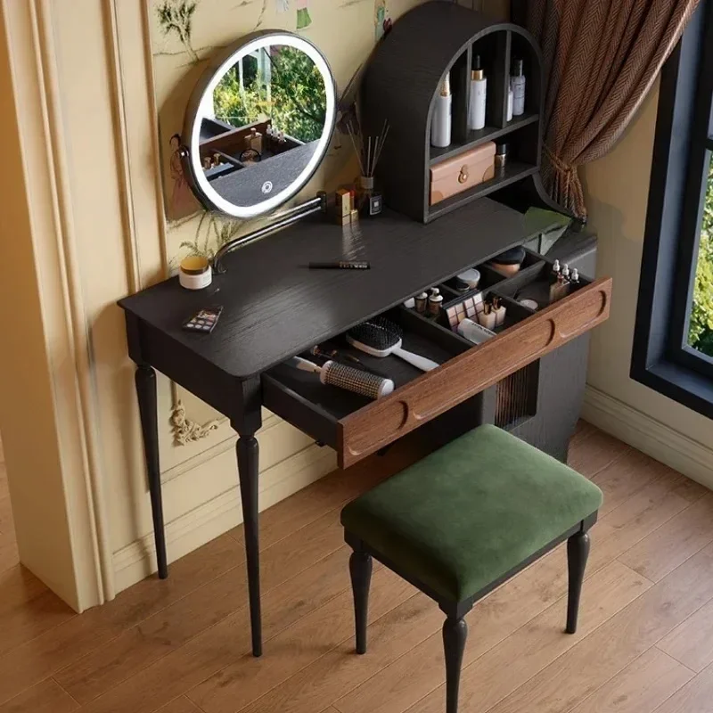 Beauty Makeup Vanity Set - Organizer Czarna Toaletka z Szufladami Stołek